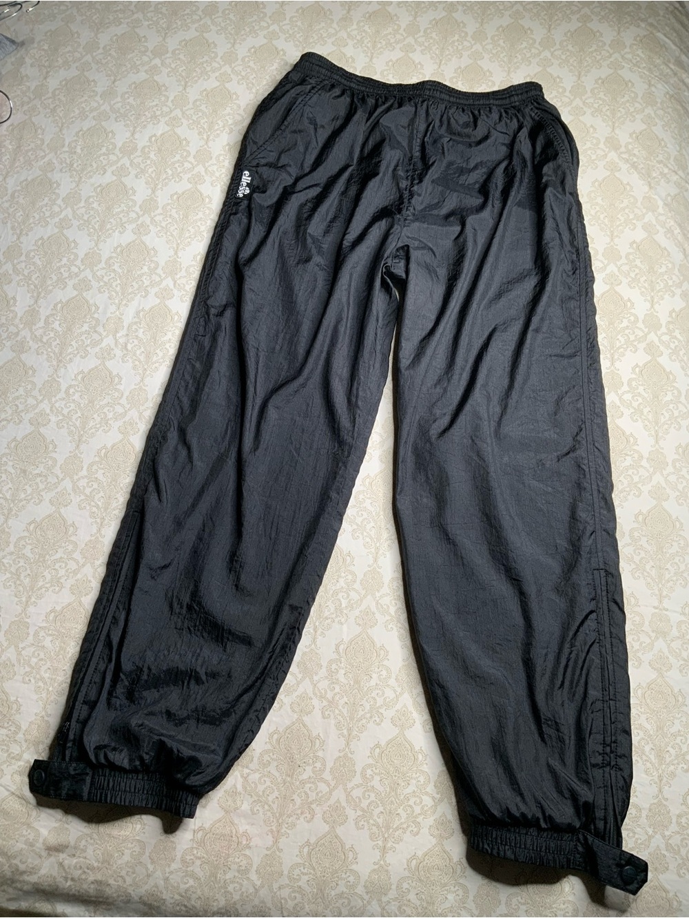 Retro 90s Ellesse Black Nylon Track Pants Mens Large Zip Ankle Elastic Waist